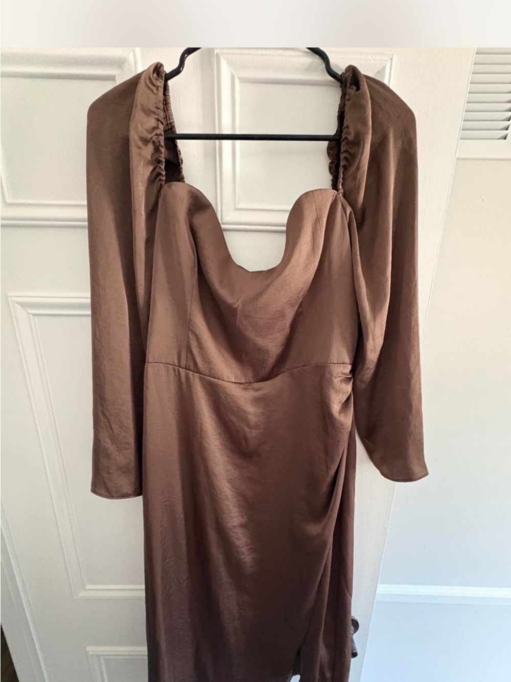 Aritzia Brown Satin Cowl-Neck Long Sleeve Dress